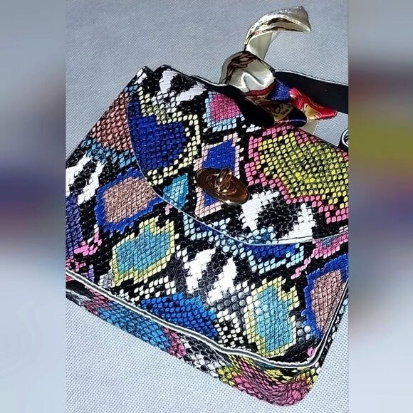 Women's Mini Snakeskin Embossed Handbag, Twilly Scarf Decor Flap - Picture 9 of 12